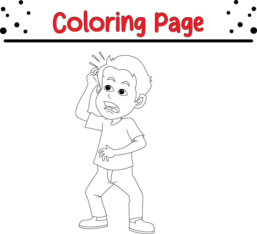 little boy pain with bump his head coloring book page for kids. vector