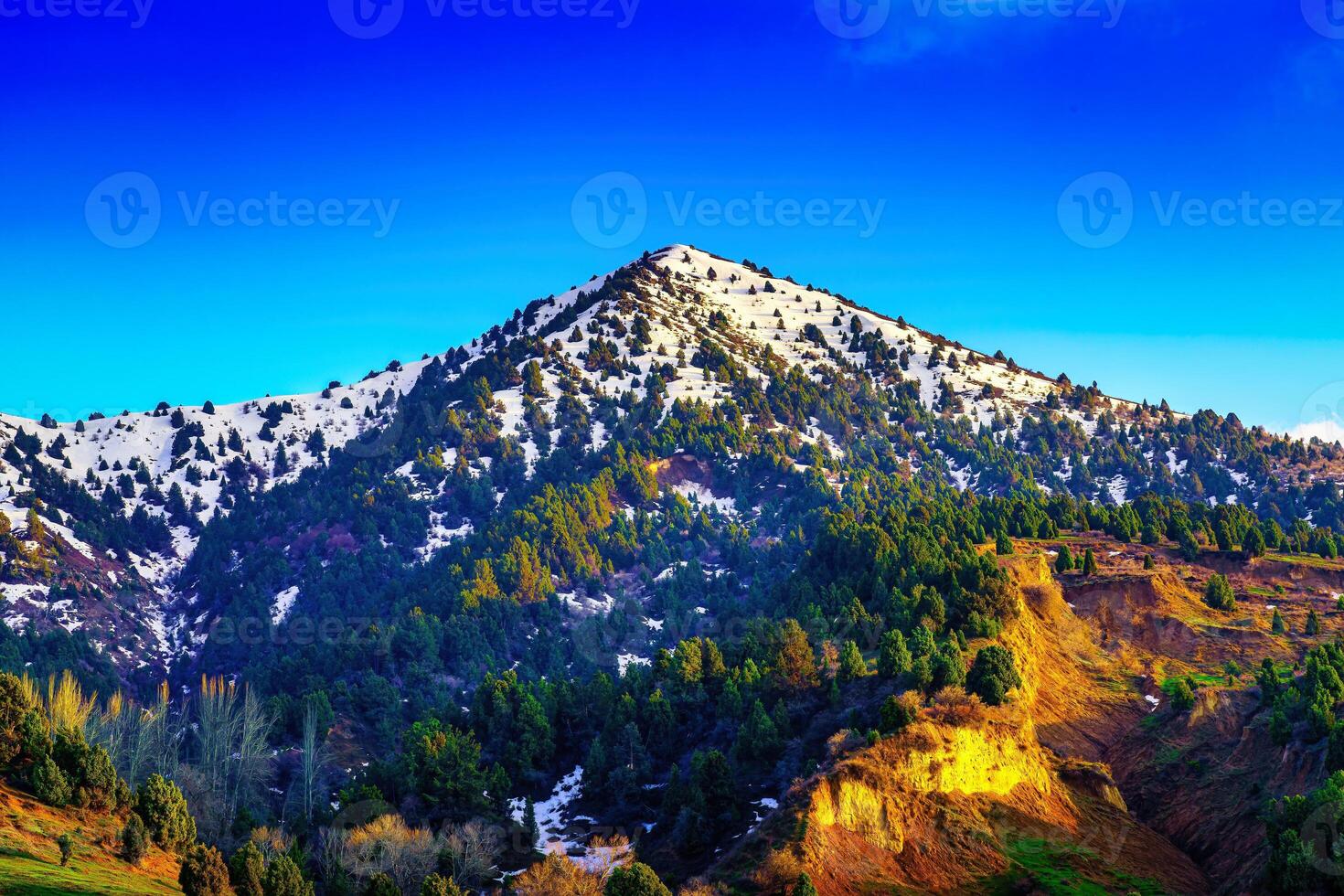 montaña parte superior cubierto con joven nieve y iluminado por el Dom en un soleado día. montaña paisaje. foto