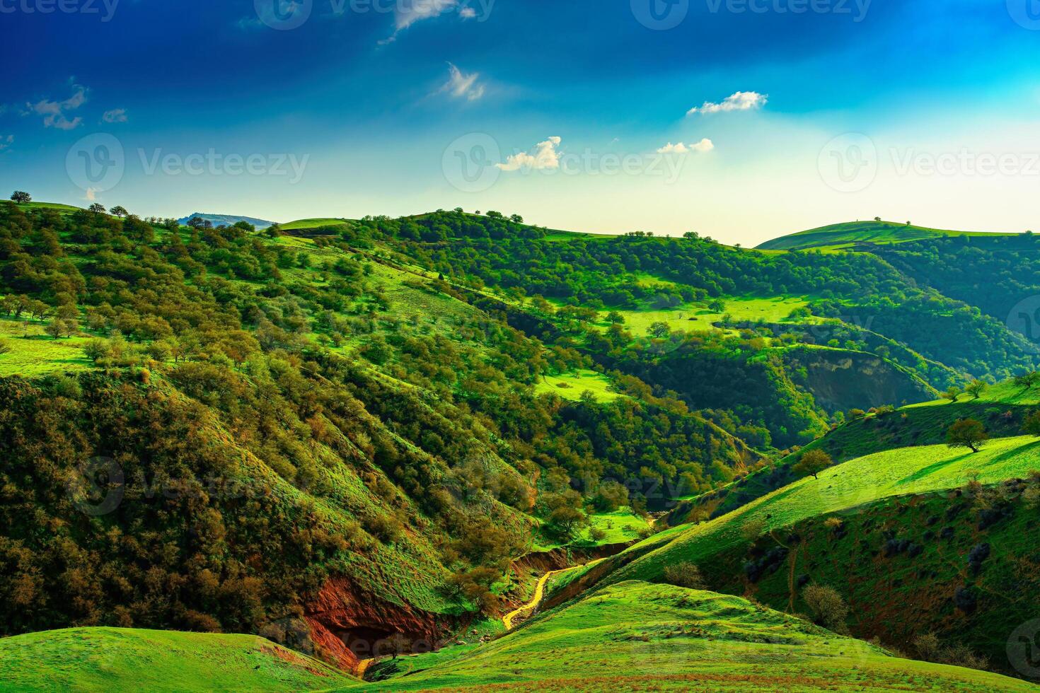 colinas y montañas cubierto con joven verde césped y iluminado por el Dom en un soleado día. foto