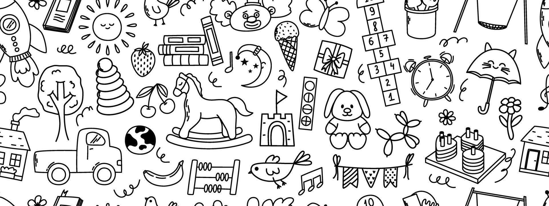 Seamless pattern with daycare doodle elements. Rocket, hopscotch, toys, horse, house, sun and other elements. vector