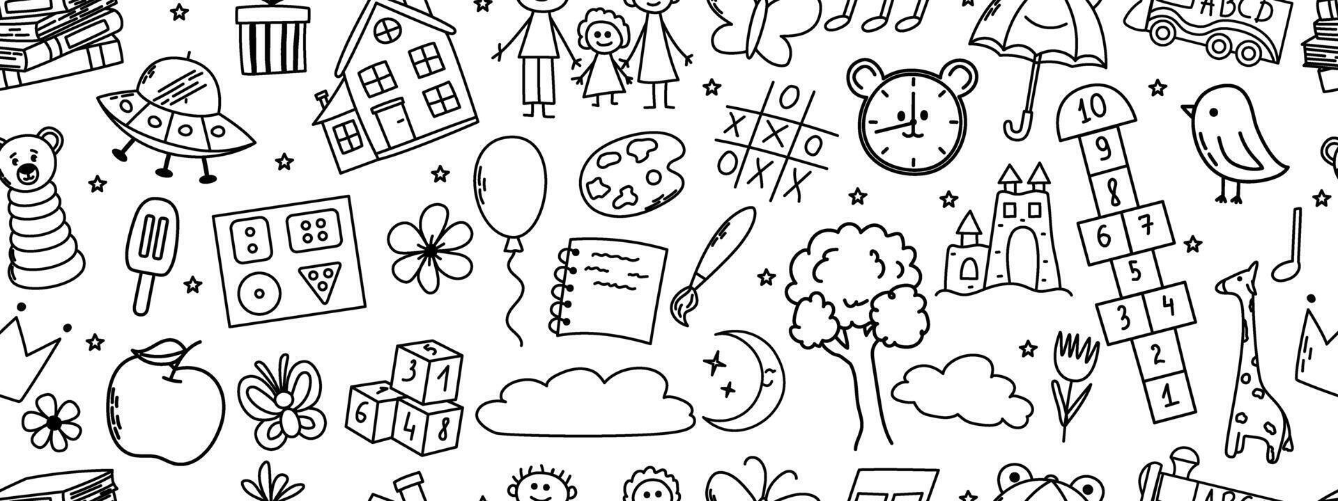 Seamless pattern with daycare doodle. Book, hopscotch, toys, flower, umbrella, house, clock and other elements. vector