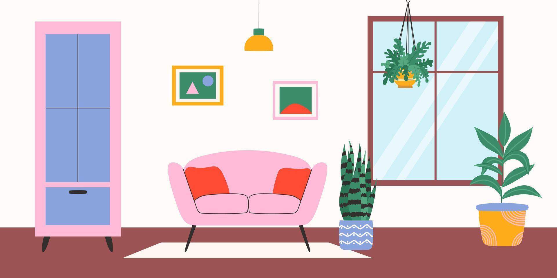 Living room with furniture and green plants. illustration. vector