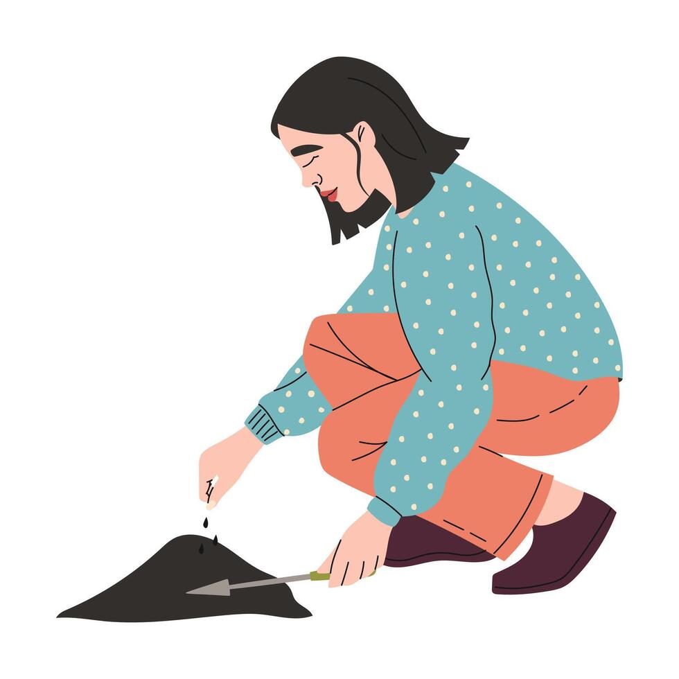 Happy woman plants seeds in the ground. vector