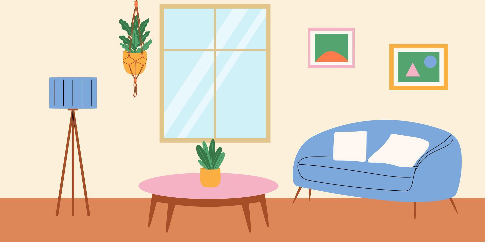 Living room with window and macrame plant. illustration. vector
