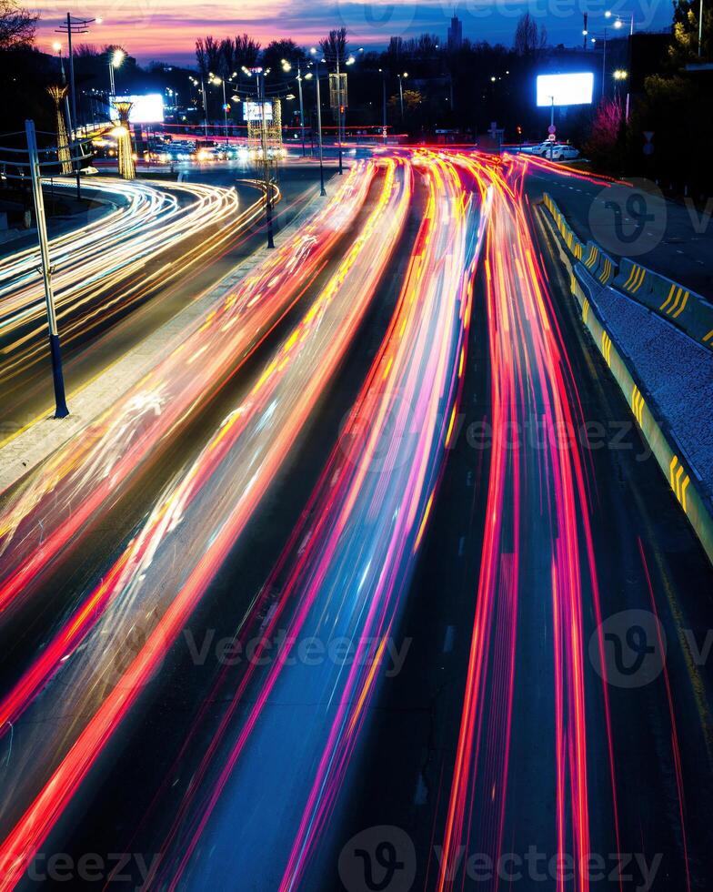 Car traffic light at night city. photo