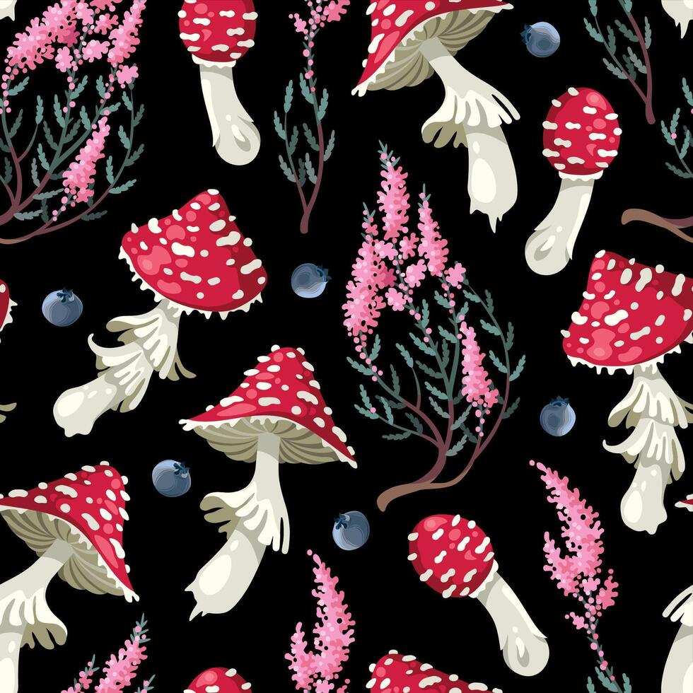 Seamless pattern with raw forest mushrooms and heather flowers vector