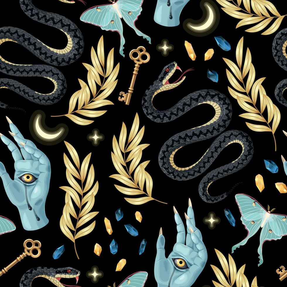 Seamless magic pattern with high detailed supplies for witchcraft vector