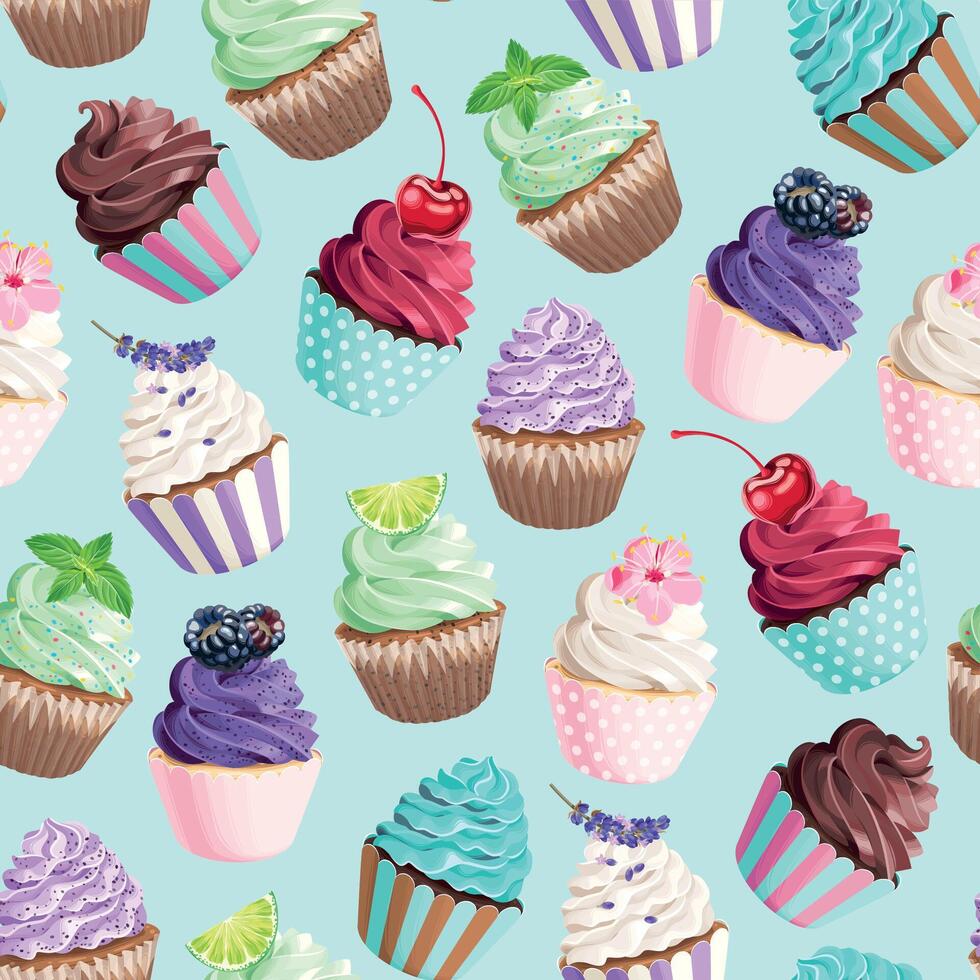 Seamless pattern with high detailed pastel pink cupcakes with berries and candles vector