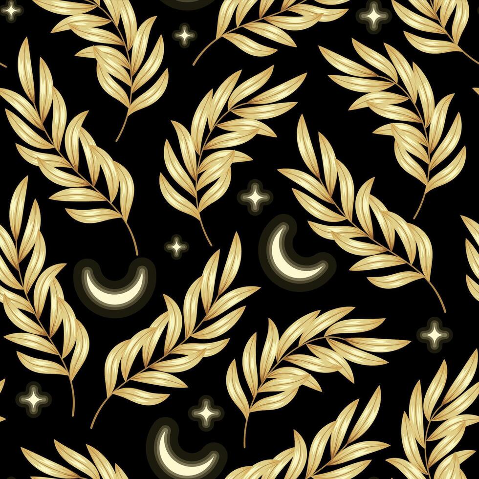 Seamless pattern with golden leaves on black background vector