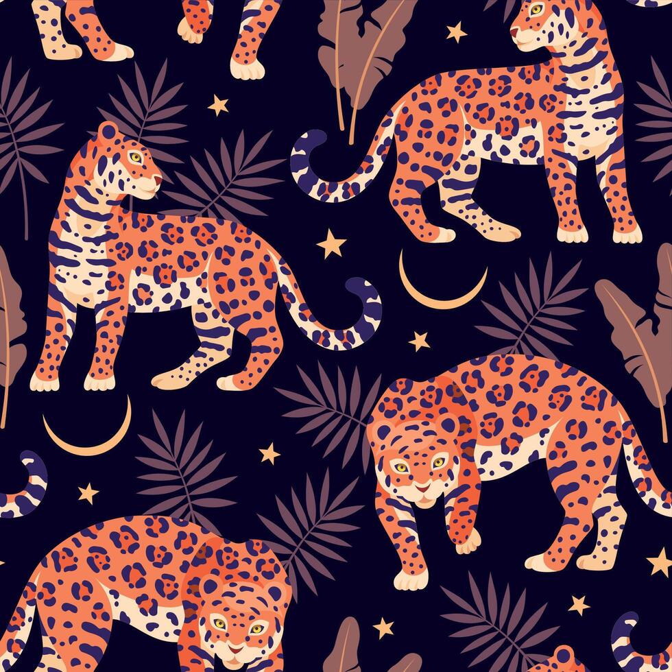 Seamless pattern with leopards and tropical leaves. Trendy style. vector