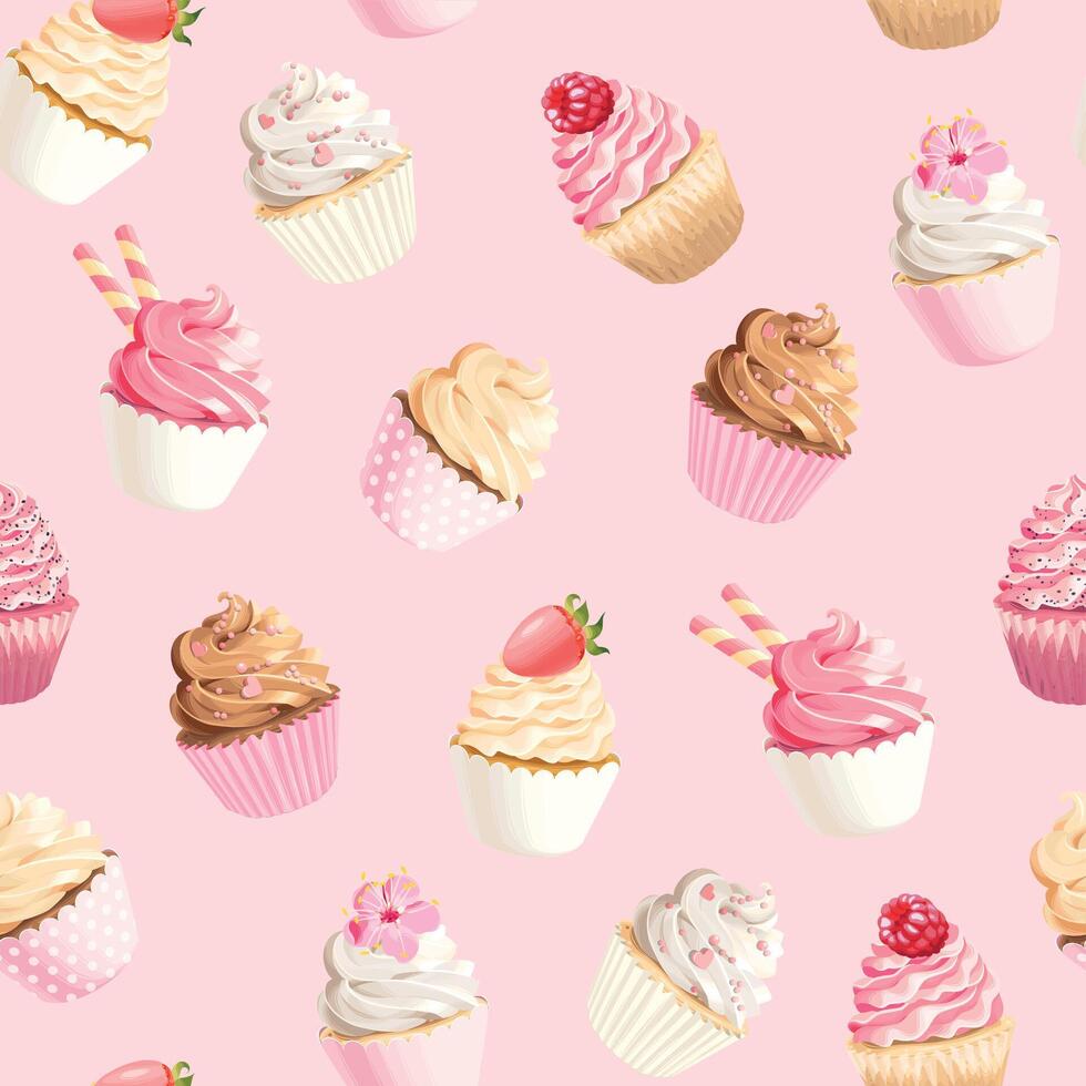 Seamless pattern with high detailed pastel pink and white cupcakes vector