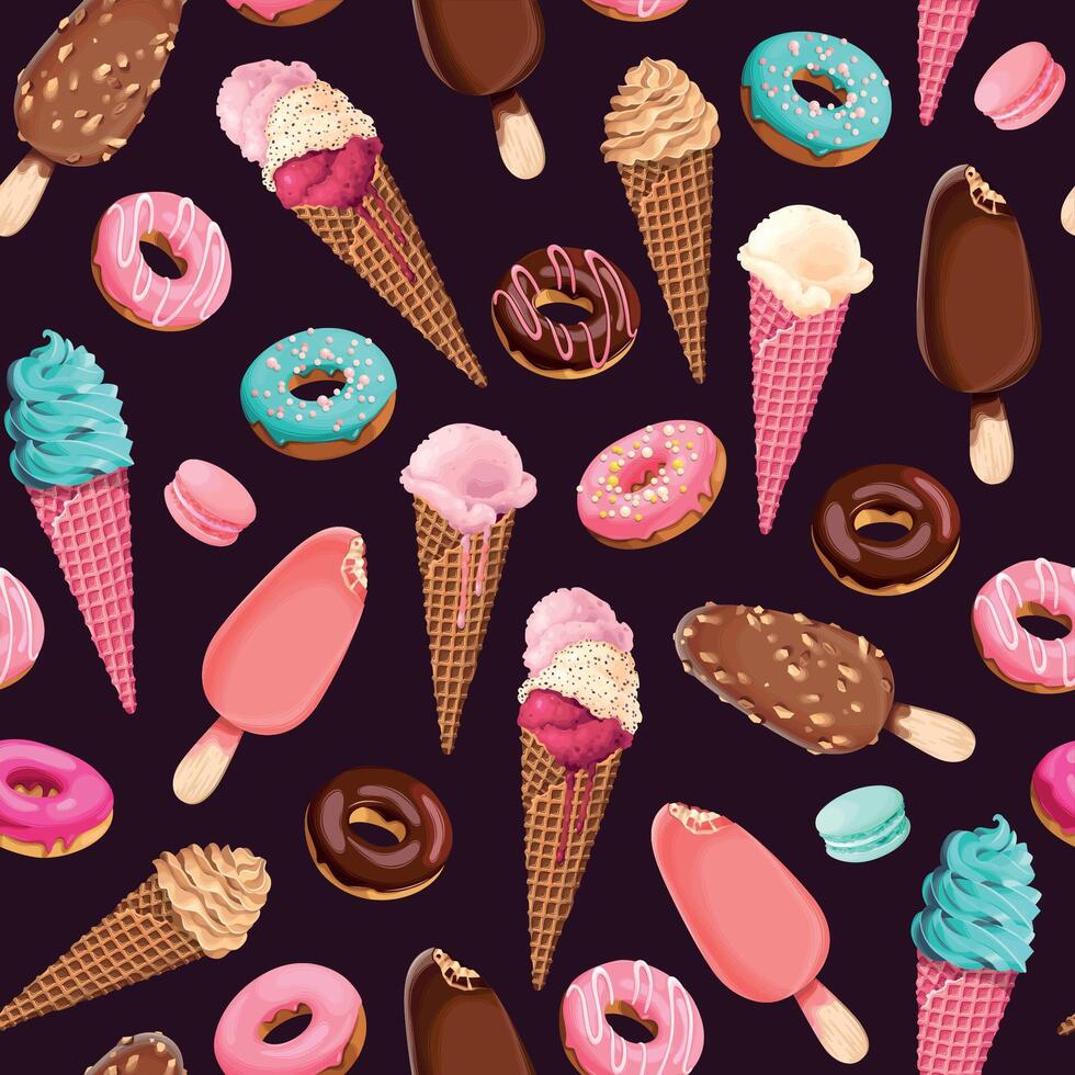 Seamless pattern with chocolate and strawberry ice cream and sweets vector