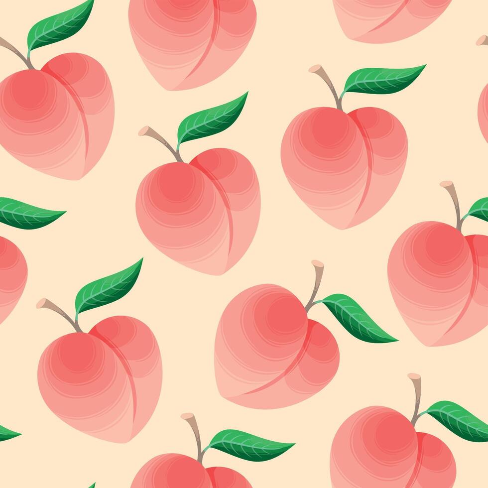 Seamless pattern with pink ripe peaches with green leaves vector