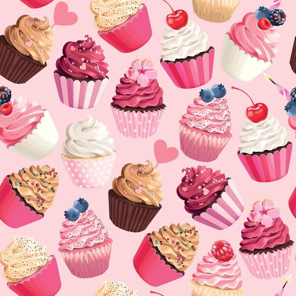 Seamless pattern with high detailed pastel pink cupcakes with berries and candles vector