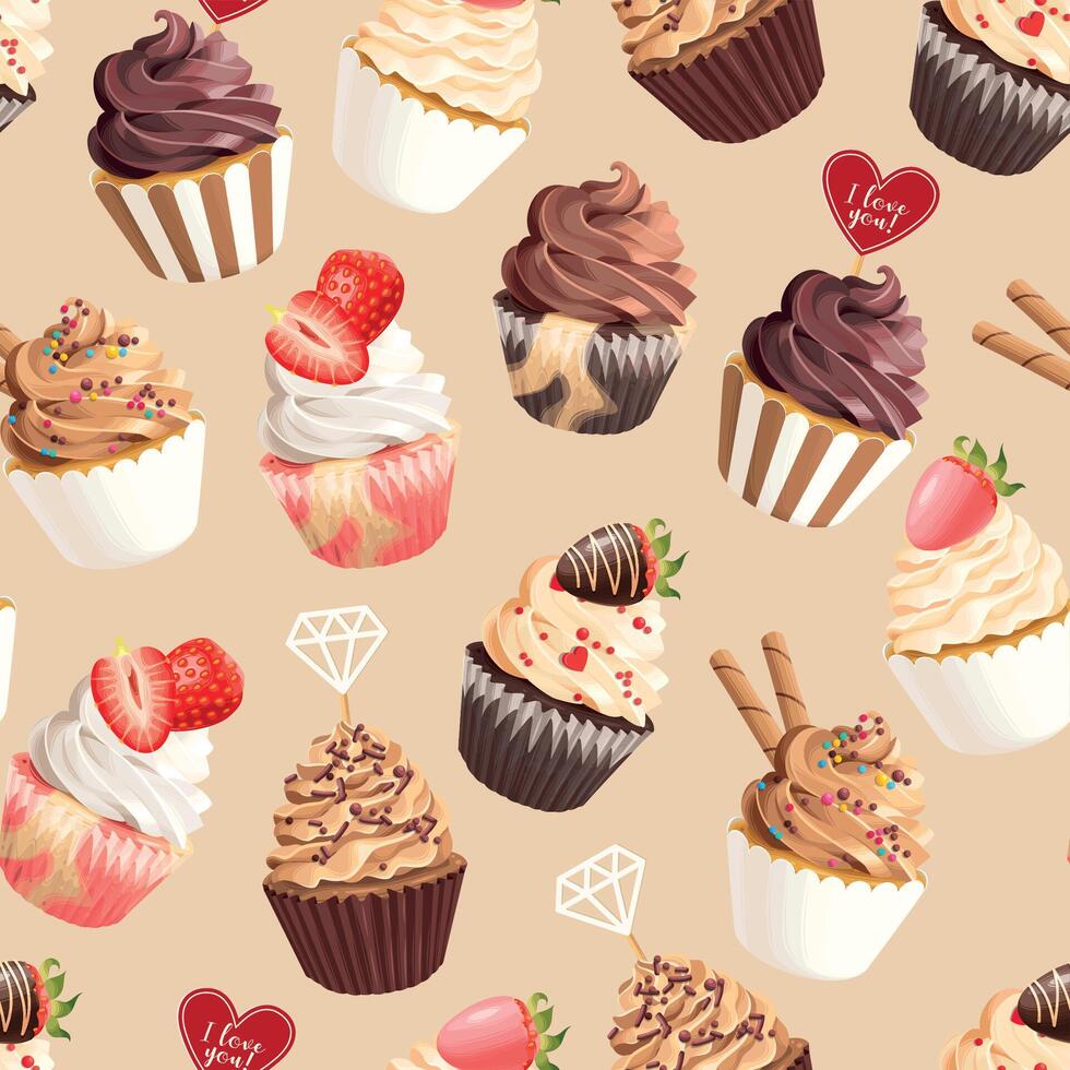 Seamless pattern with high detailed pastel pink and chocolate cupcakes with strawberries vector