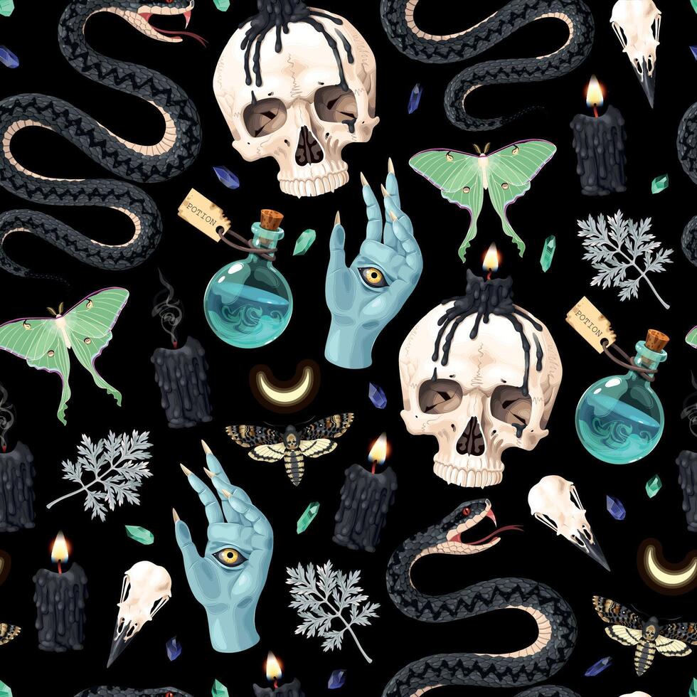 Seamless magic pattern with high detailed supplies for witchcraft vector