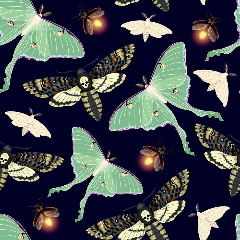 Seamless pattern with high detailed moon moth, acherontia and fireflies vector