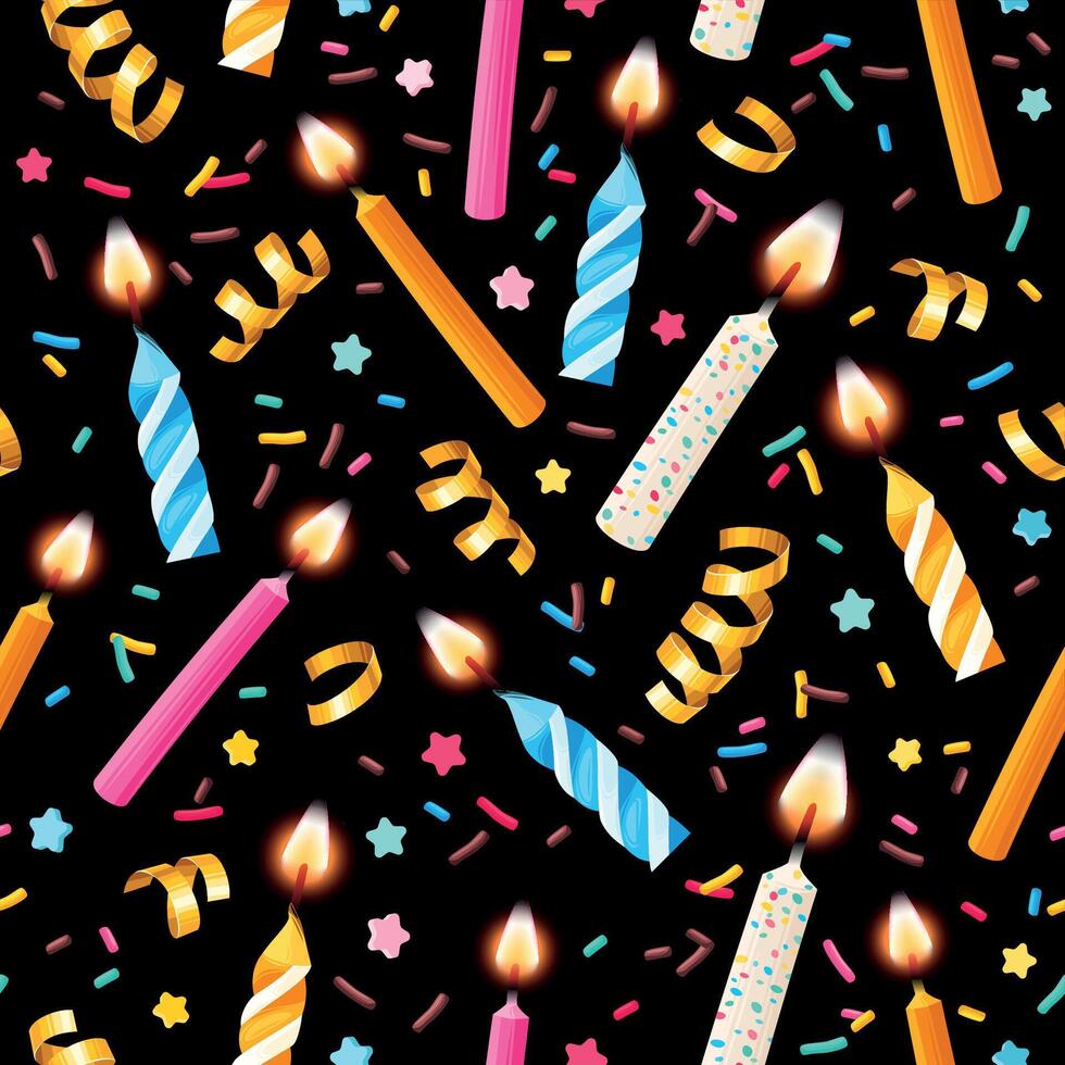 Seamless pattern with candles and sprinkles on black background vector