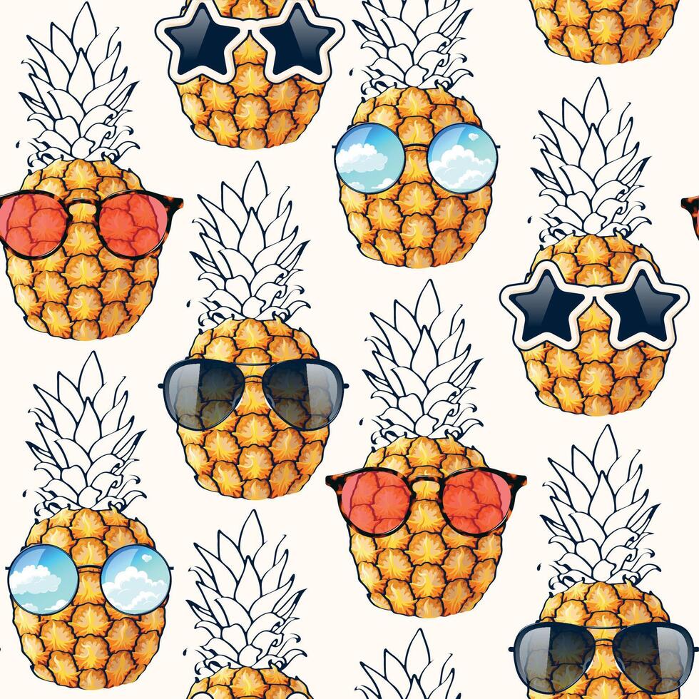 Seamless pattern with high detailed pineapples and sunglasses vector