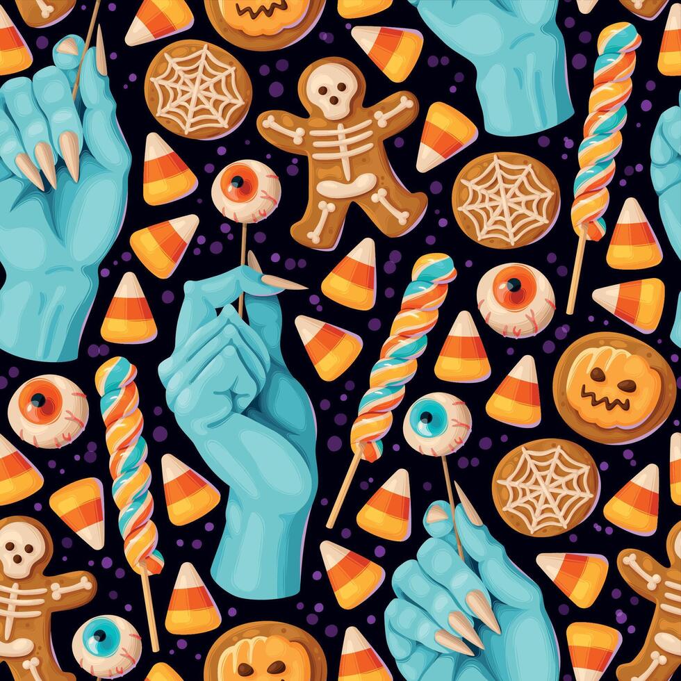 Halloween sweet candies and witch hands seamless pattern vector