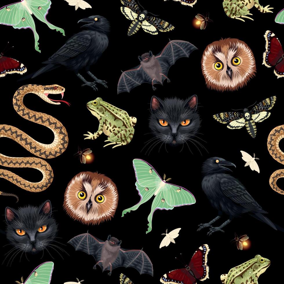 Seamless pattern with witchy night creatures on black background vector