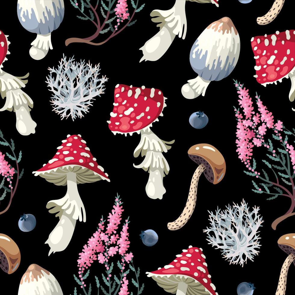 Seamless pattern with raw forest mushrooms and heather flowers vector