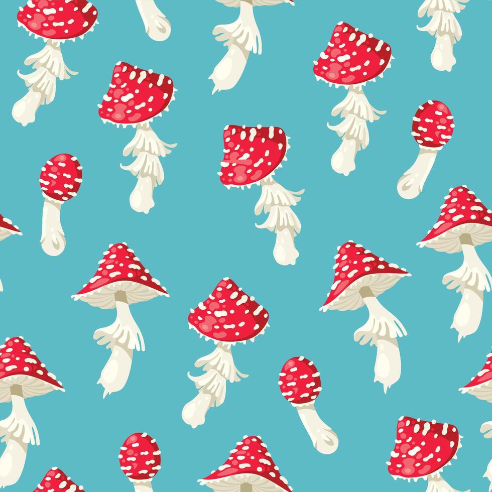 Fly agaric red mushrooms seamless pattern on blue background vector