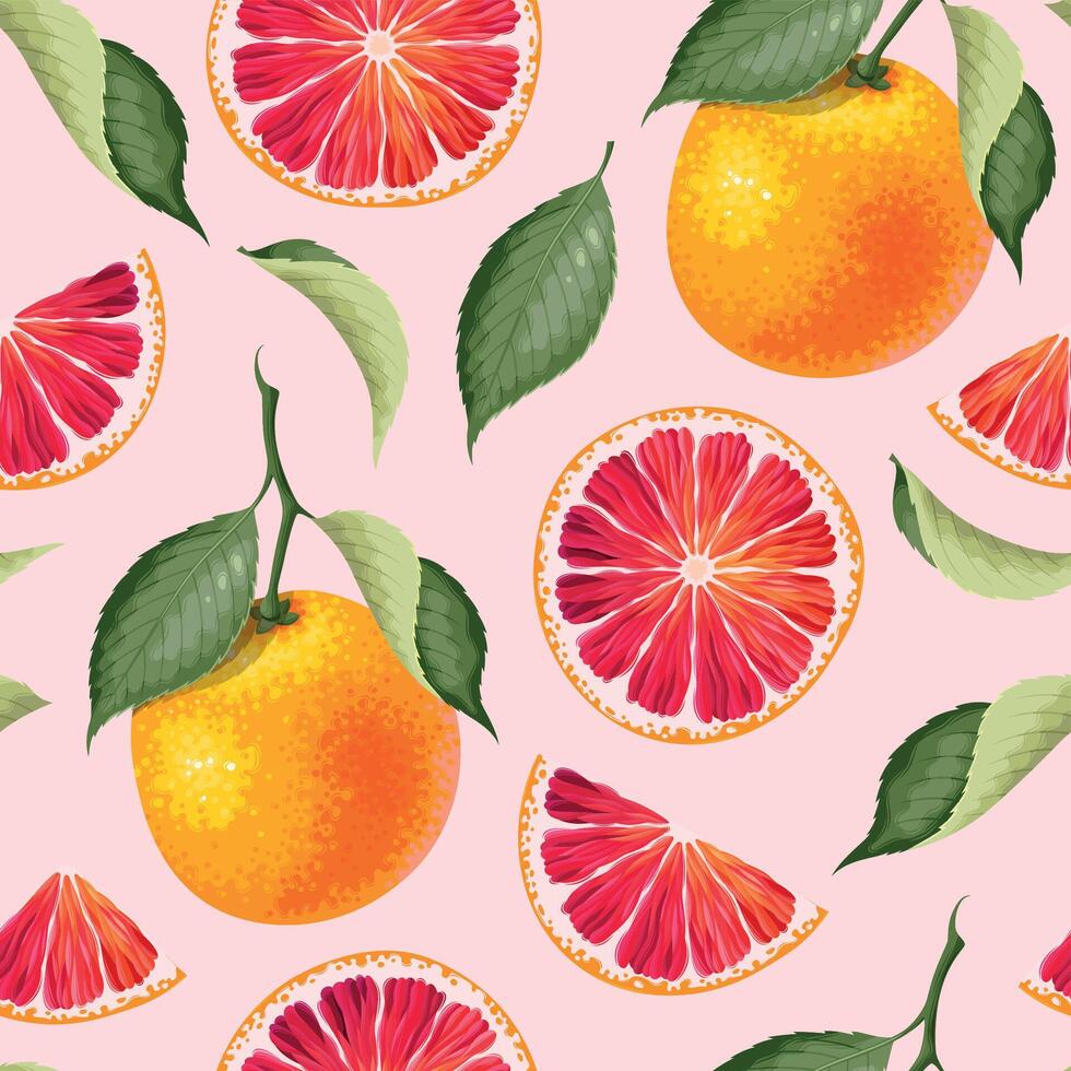 Seamless pattern with grapefruits, slices and leaves vector