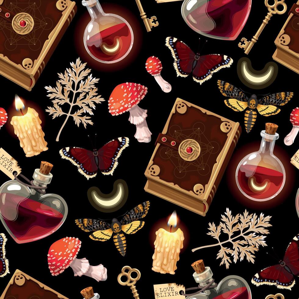 Seamless magic pattern with high detailed supplies for witchcraft vector