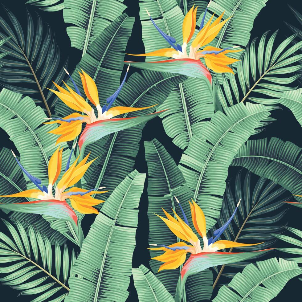 Seamless pattern with palm leaves and tropical flowers vector