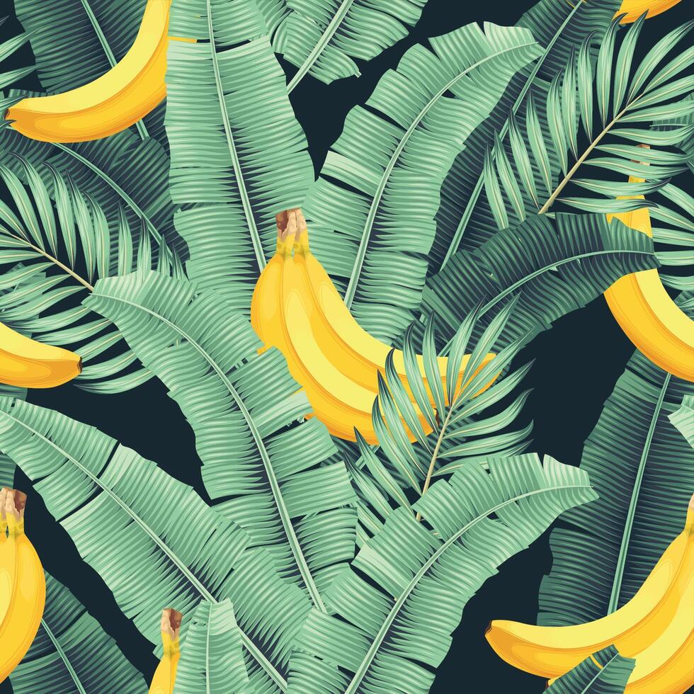 Seamless pattern with high detailed banana and banana leaves vector