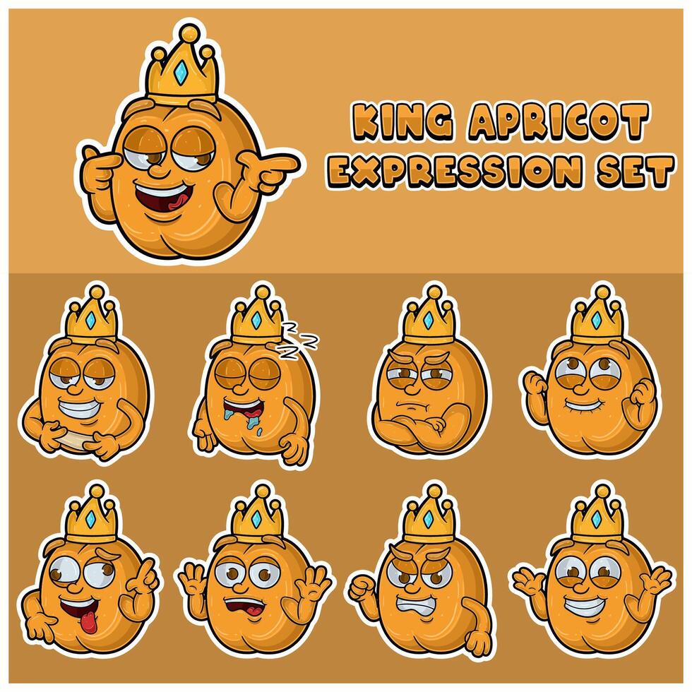 Cartoon Mascot Of Apricot Fuit Character with king and expression set. vector