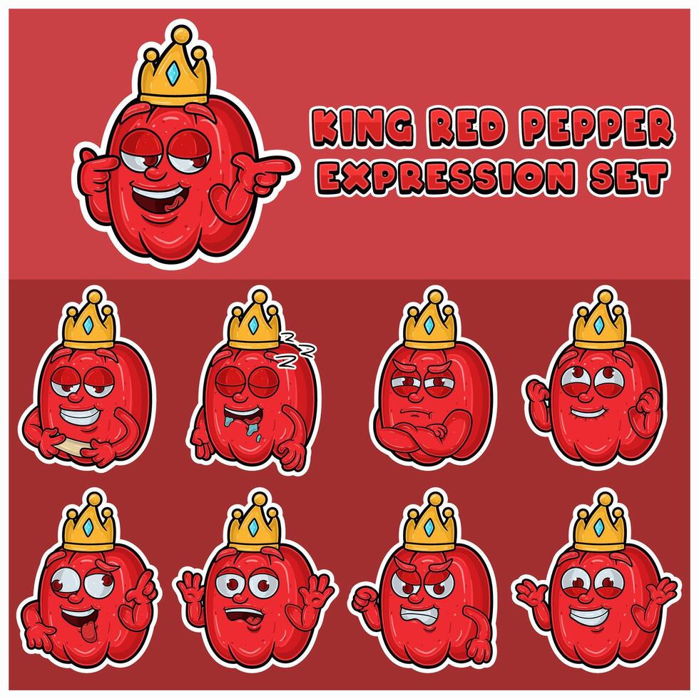 Cartoon Mascot Of Pepper Character with king and expression set. vector