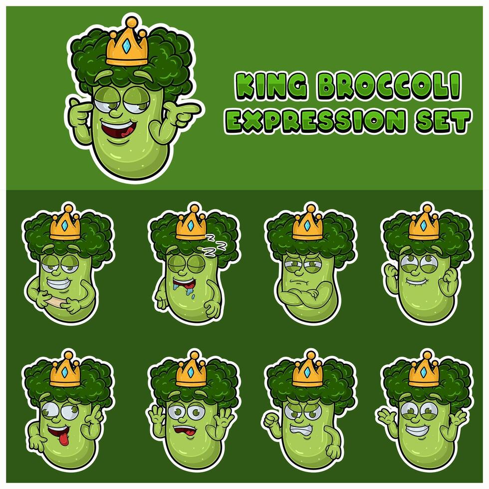 Cartoon Mascot Of Broccoli Character with king and expression set. vector