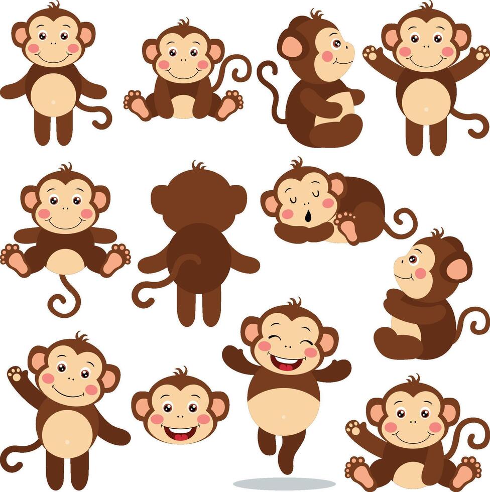 Set digital collage of cute monkey vector