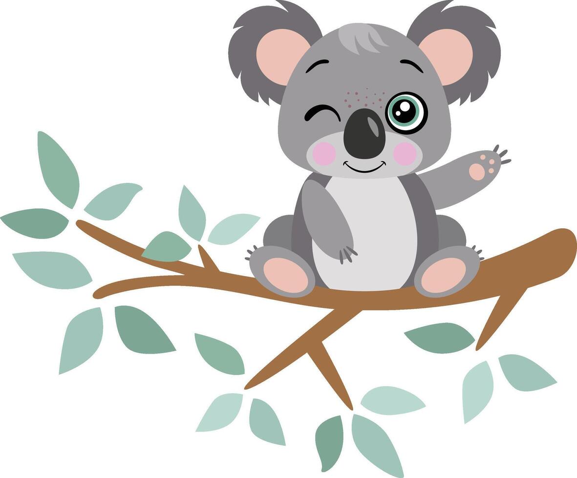 Funny koala on branch of tree with green leaves vector