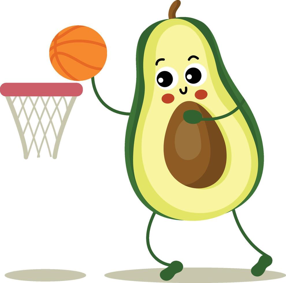 gracioso aguacate mascota jugando baloncesto vector