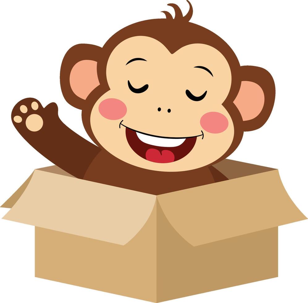 Happy monkey waving inside cardboard box vector