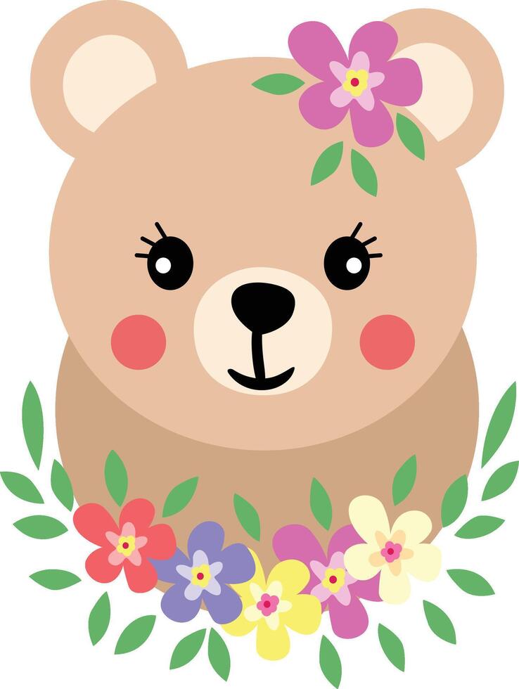 linda osito de peluche oso con guirnalda floral en cabeza vector