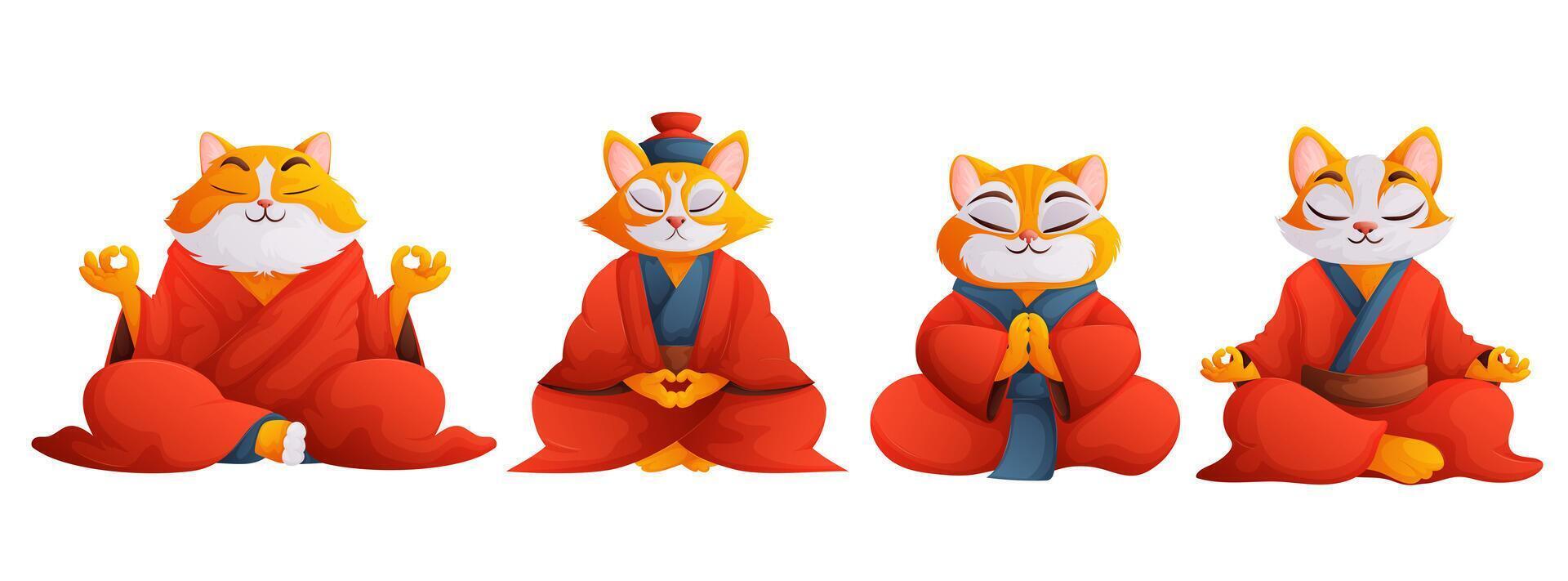 Cartoon set of meditating cats. An orange cat with white fluff, wearing a red Chinese robe, sits in a lotus plant. Concept of relaxation, yoga, meditation. vector