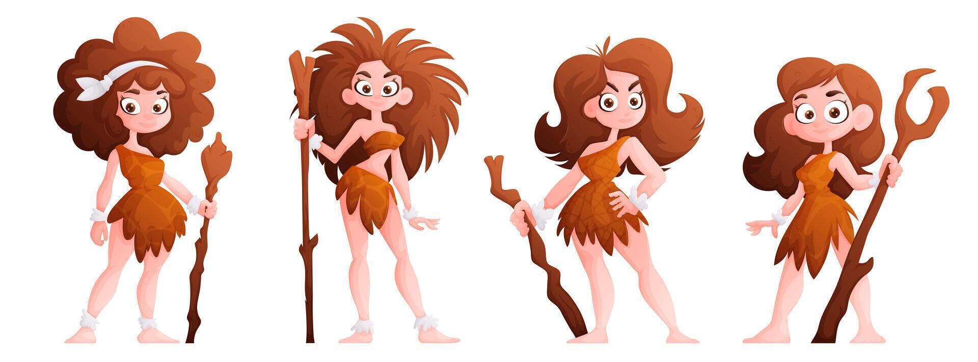 primitivo mujer personaje, prehistórico primitivo personas en Roca años dibujos animados colocar. neanderthal niña en el piel de un animal con un club en su mano. aislado ilustración vector