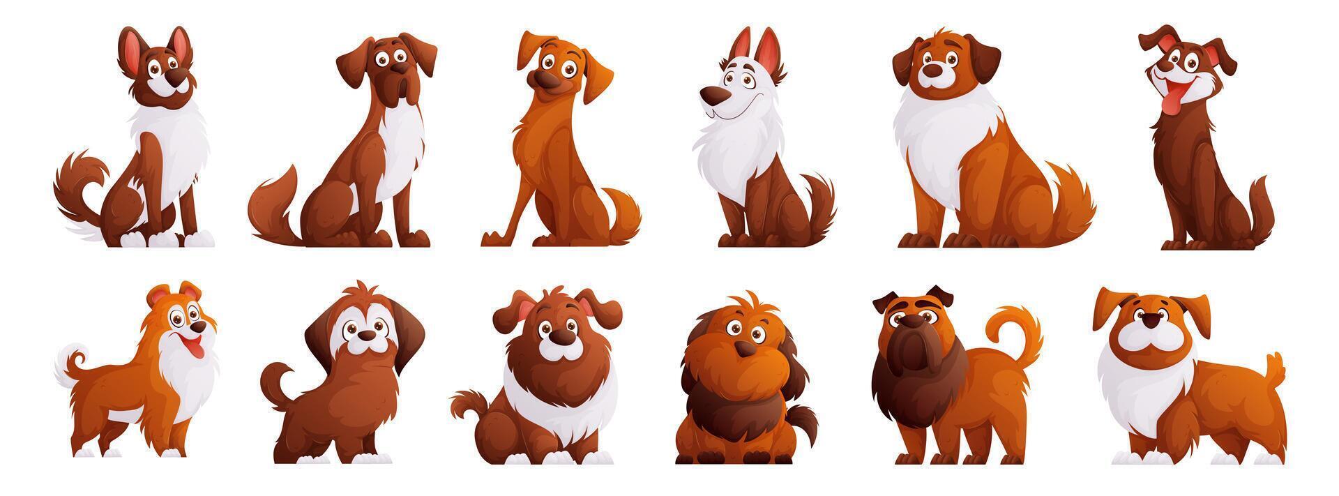 Cute brown dogs set. Cartoon characters of dogs or puppies create a collection with different breeds. Set of funny pets. vector