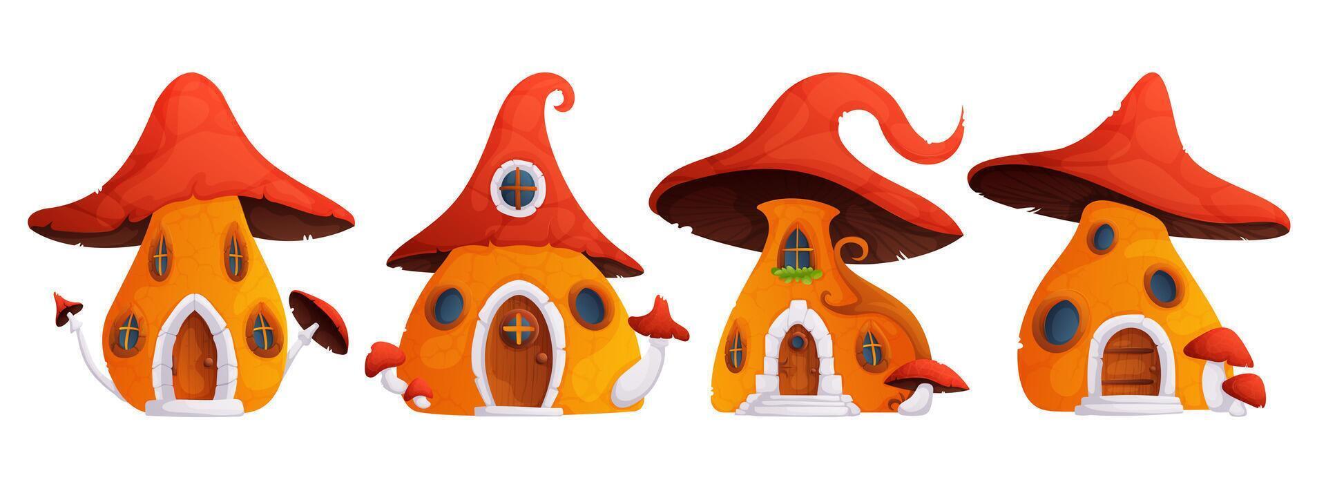 Cartoon illustration set of magic forest or garden tiny home made from fungus with grass and flowers. Fantasy fairytale gnome or animal mushroom house. vector