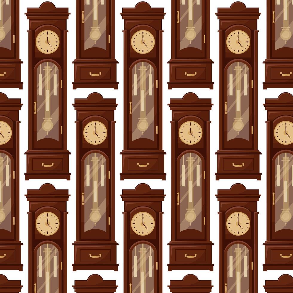 Antique clock in flat style. Pattern for textile, wrapping paper, background. vector