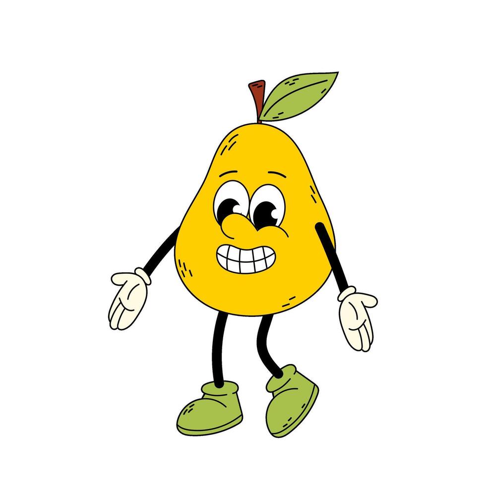 Ripe yellow pear in flat style. Pear character. Funny cartoon retro character in flat style. Groovy pear. vector