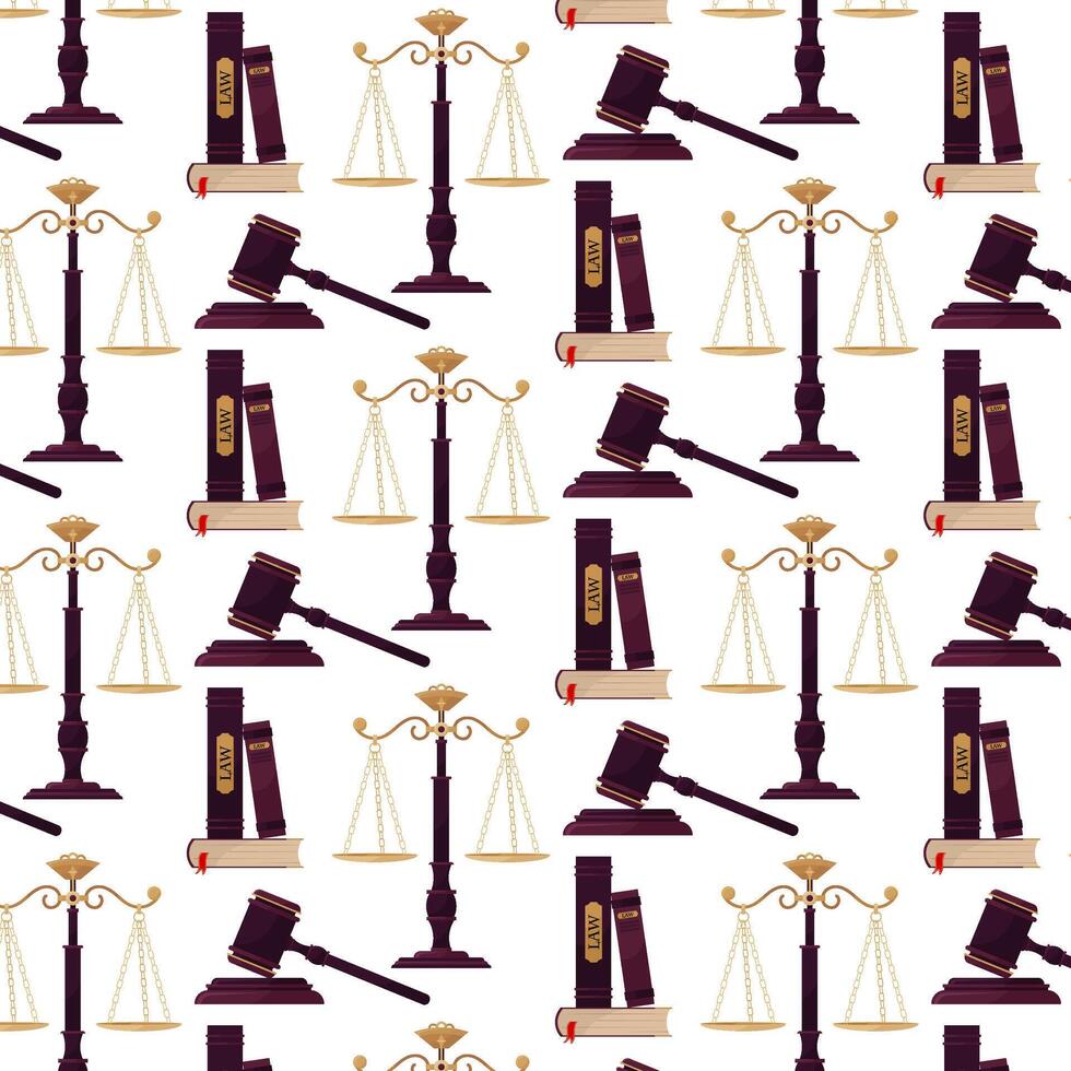 Symbols of justice. Books about law, judicial gavel, weights of justice. Themis. Pattern for textile, wrapping paper, background. vector