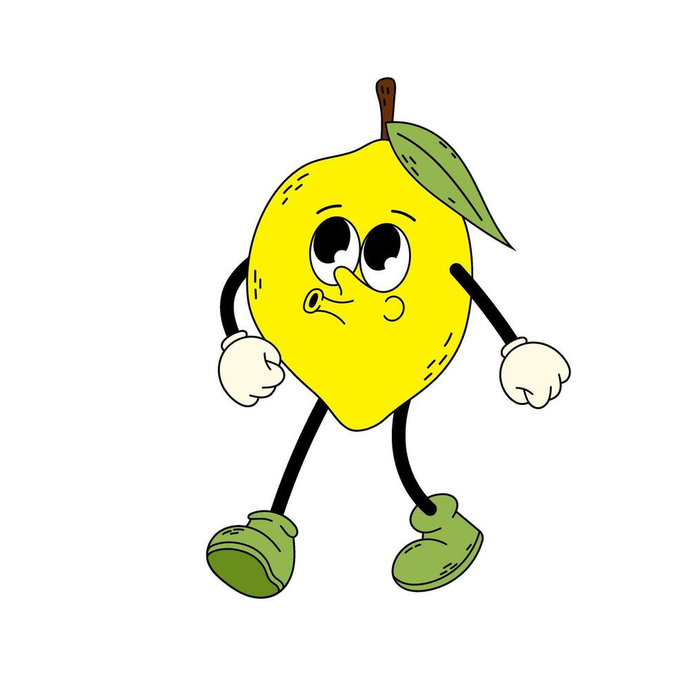 Ripe yellow lemon in flat style. Lemon character. Funny cartoon retro character in flat style. Groovy lemon. vector