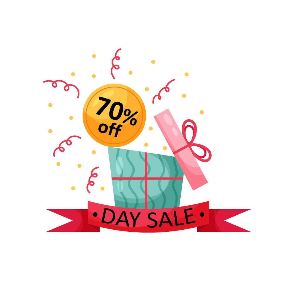 Day of discounts. Illustration with gift boxes in flat style. 70 percent discount. Mega Discounts vector