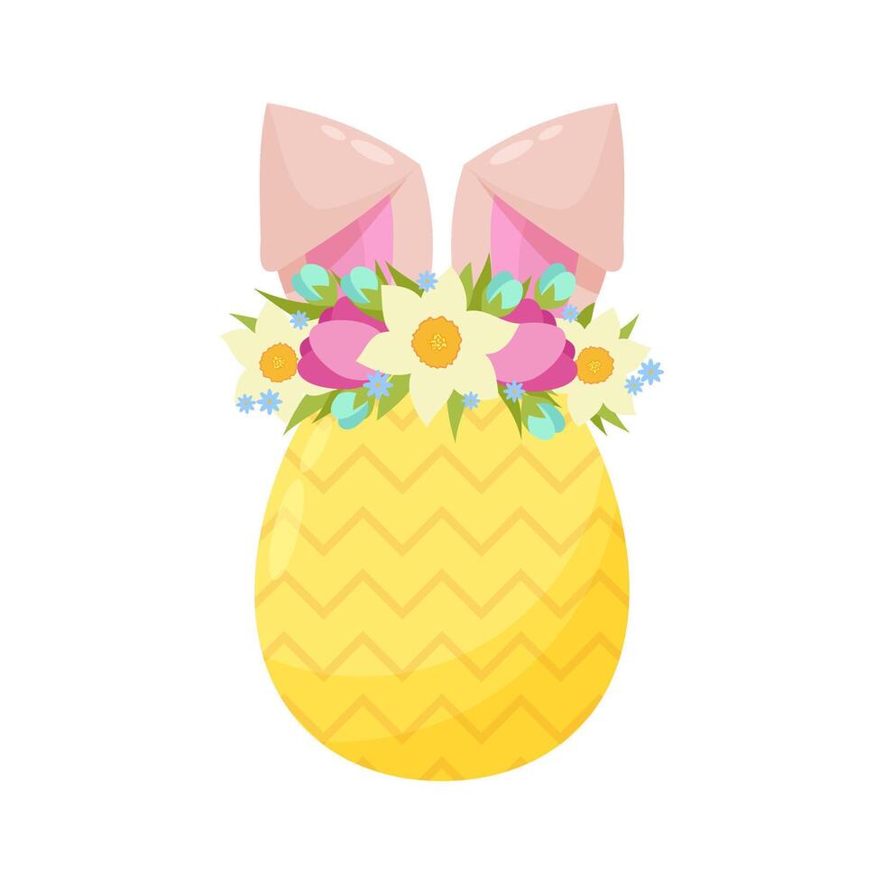 Decorative Easter egg with bunny ears. Floral wreath in flat style. Easter decor in flat style. Cartoon Easter bunny. vector