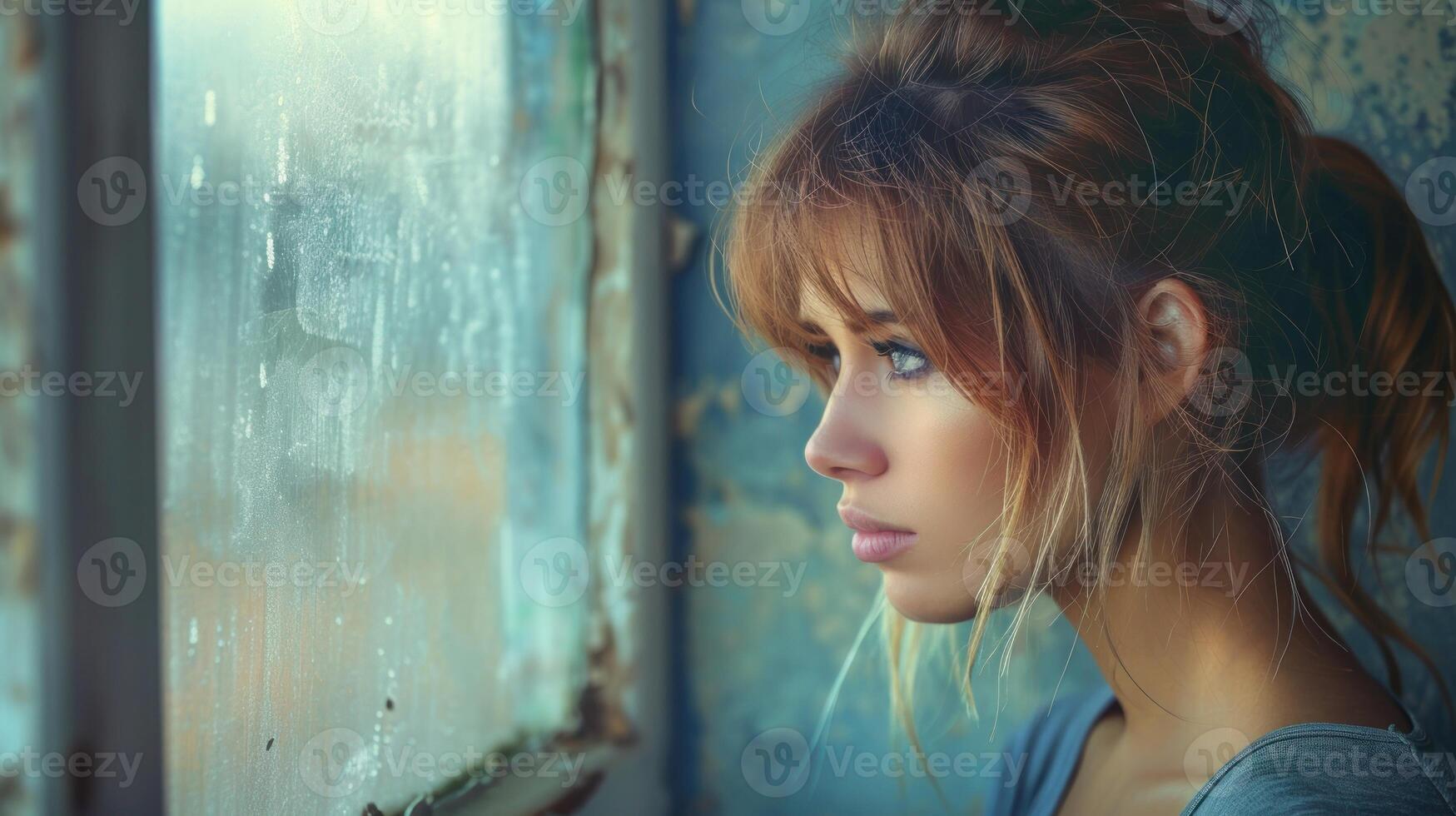 A woman standing by a window, looking outside at something photo